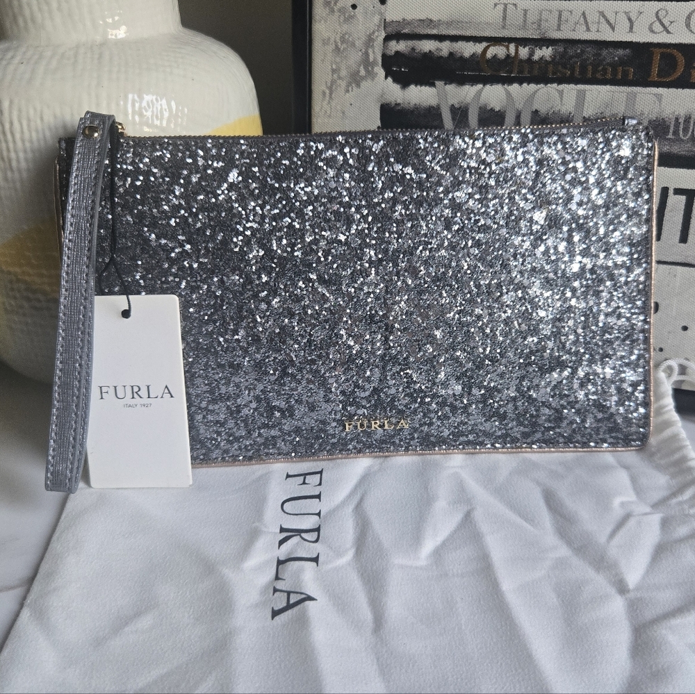 Furla Silver Rose Gold Glitter Wristlet Clutch Bag With Tags And Dustbag
